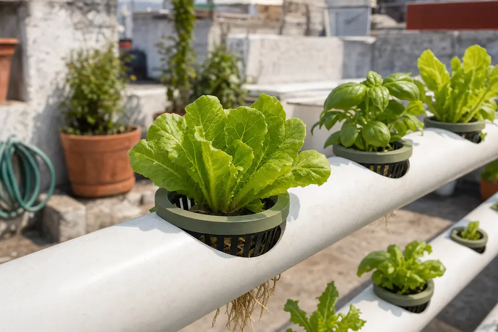 Tubo de PVC blanco de un sistema hidropónico NFT en una azotea mexicana, con un collar impreso en 3D en verde olivo asentado en el orificio, sosteniendo una canastilla negra con una lechuga.