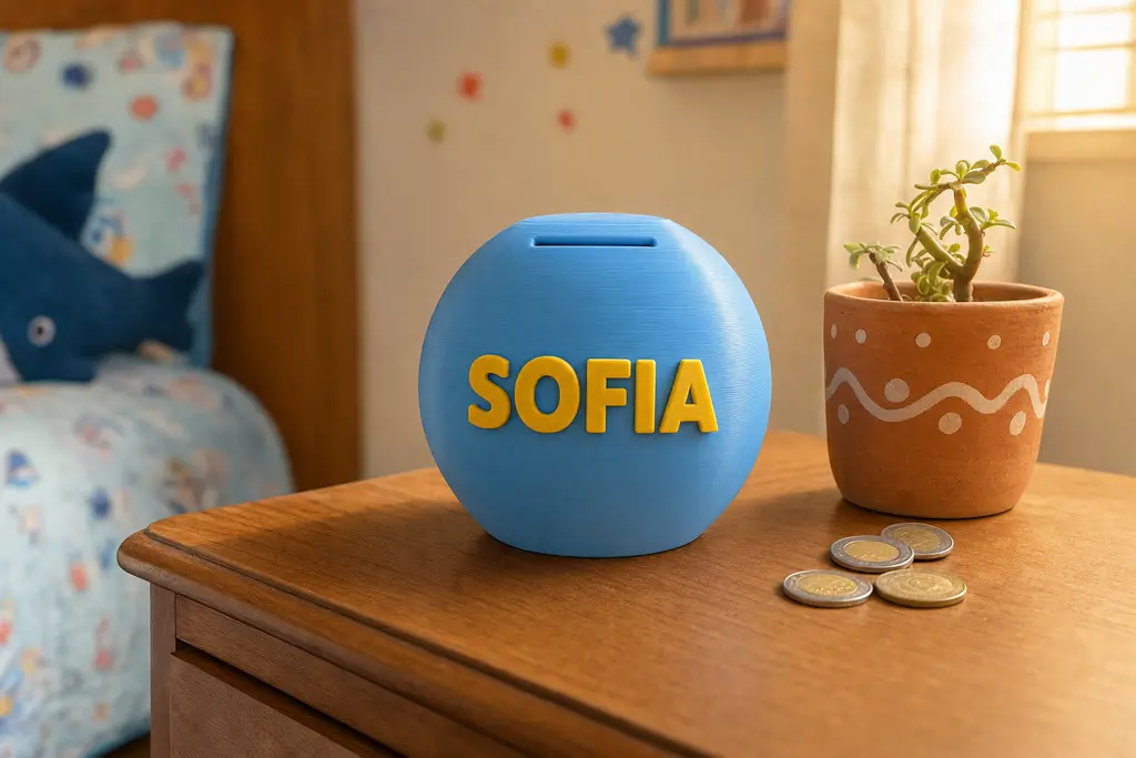 Alcancía impresa en 3D color azul cielo con el nombre SOFIA en alto relieve amarillo, sobre el buró de una recámara infantil, junto a monedas mexicanas y una maceta de barro.