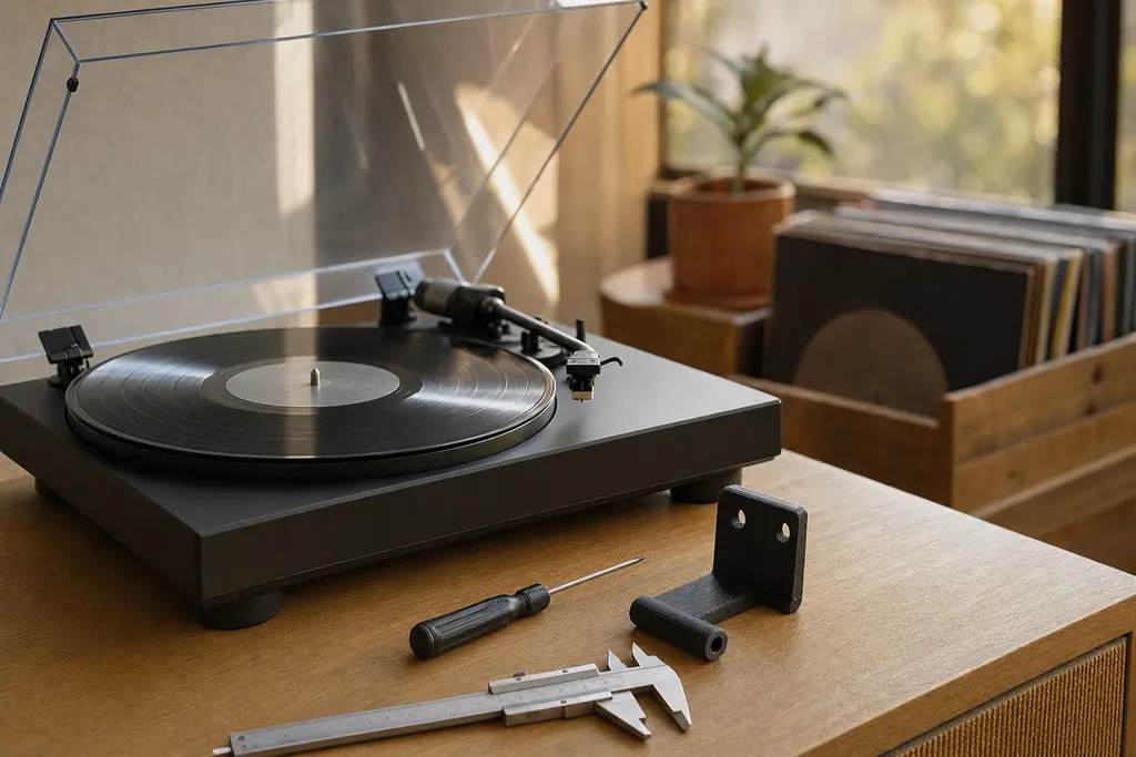 Tornamesa negra con la tapa antipolvo levantada y un disco de vinilo en el plato; al frente, sobre el mueble de madera, una bisagra impresa en 3D en filamento negro mate con líneas de capa visibles, junto a un desarmador y un calibrador vernier.