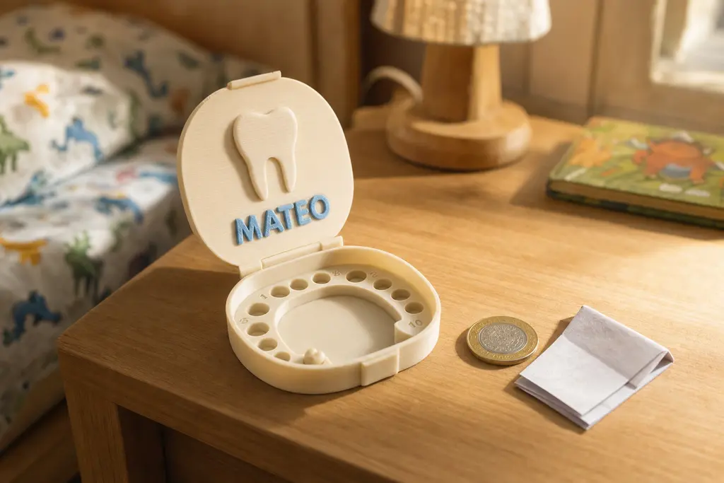 Caja para dientes de leche impresa en 3D en color hueso, abierta sobre un buró de recámara infantil: la tapa lleva un diente en alto relieve y el nombre MATEO en azul, y el interior muestra cavidades numeradas acomodadas en forma de arco dental.
