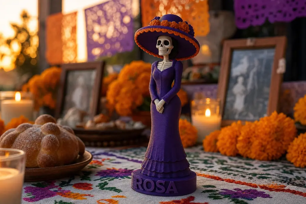 Catrina impresa en 3D en morado, hueso y naranja, con el nombre ROSA en relieve sobre su base, colocada en una ofrenda con cempasúchil, veladoras y pan de muerto.