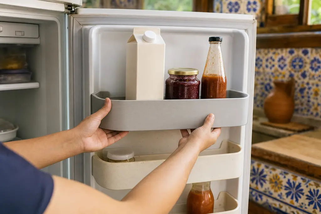 Manos colocando una charola de puerta impresa en 3D en un refrigerador blanco, junto a las charolas originales ya amarillentas, en una cocina mexicana con azulejo de talavera.