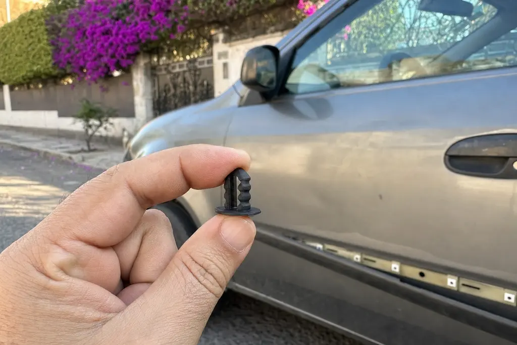 Una mano sostiene una grapa de plástico negra recién impresa en 3D frente a la puerta de un sedán gris al que le falta esa pieza en la moldura lateral, en una calle de la Ciudad de México con buganvilia.