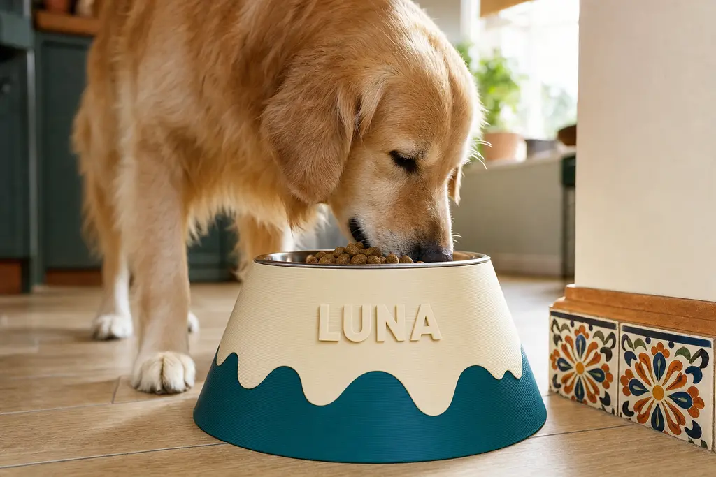 Perro golden retriever comiendo croquetas de un tazón de acero inoxidable montado en un comedero elevado impreso en 3D, cónico y de dos colores con división ondulada, con el nombre LUNA en relieve, en una cocina mexicana con talavera.