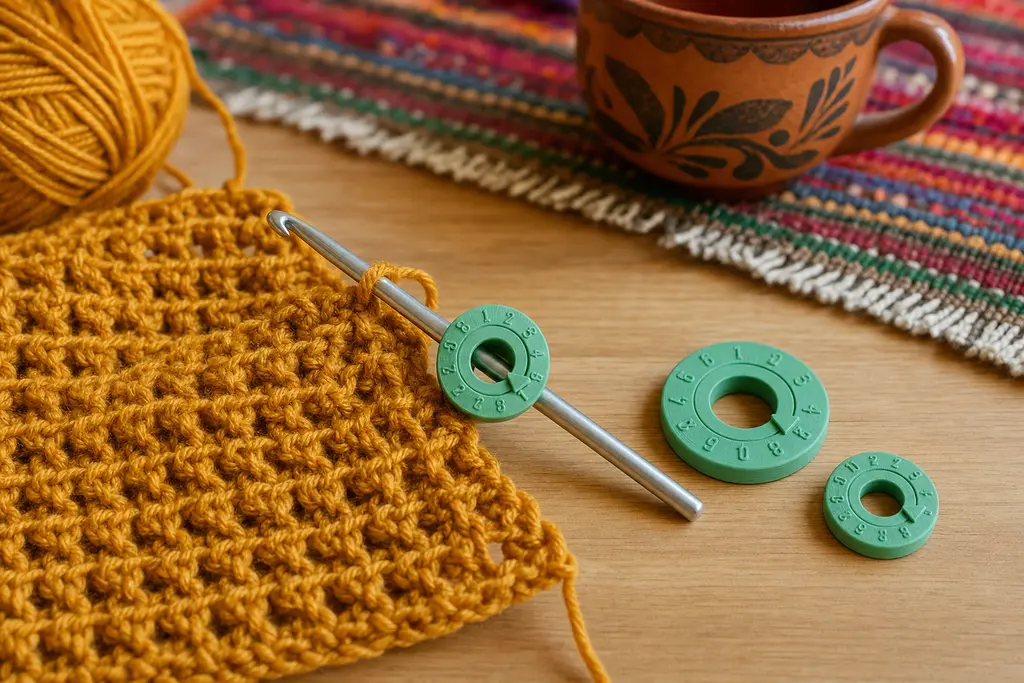 Tres contadores de vueltas impresos en 3D en color verde jade, de diámetros distintos y con los números en relieve, uno de ellos enroscado en el mango de un gancho de crochet clavado en un tejido de estambre mostaza, sobre una mesa de madera con una taza de barro y un mantel tejido mexicano.
