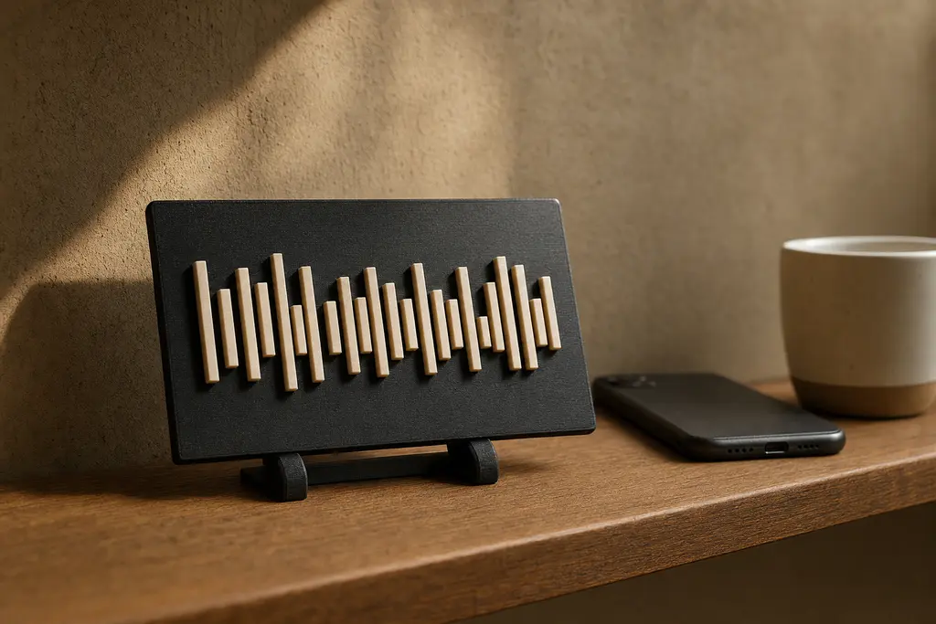 Placa negra impresa en 3D sobre una repisa de madera, con el código de una canción formado por barras en alto relieve color hueso que proyectan su propia sombra