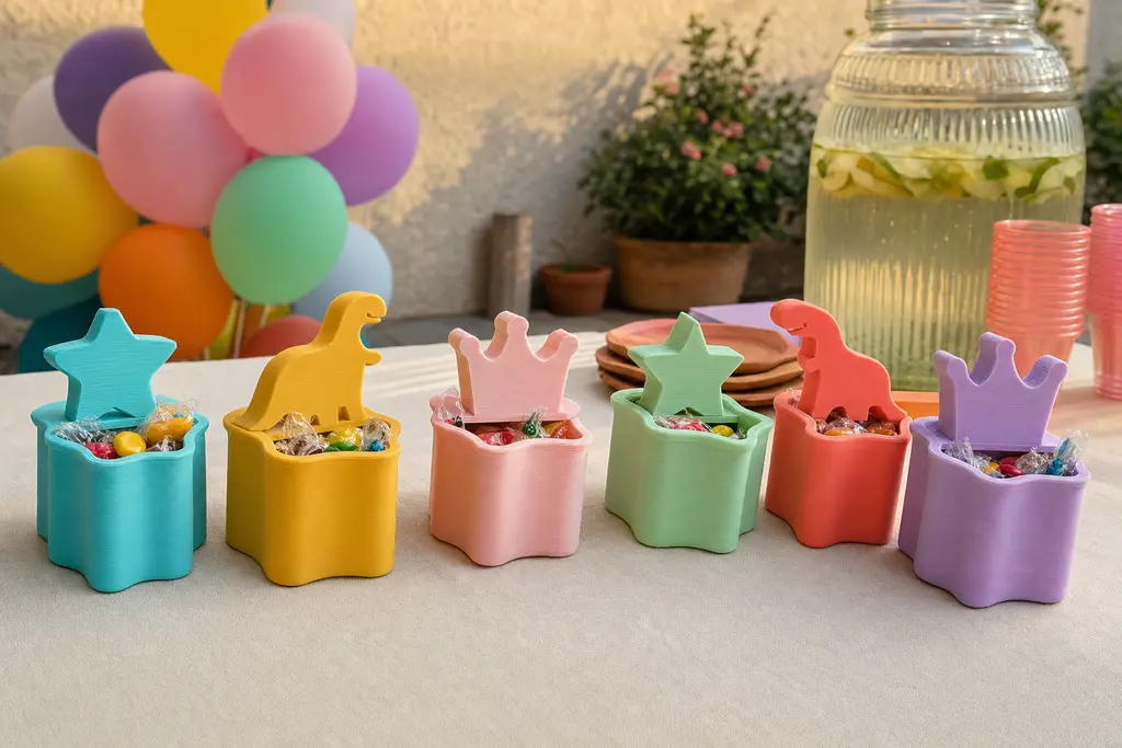 Seis dulceros impresos en 3D en forma de estrella, dinosaurio y corona, en colores pastel y llenos de dulces envueltos, sobre la mesa de una fiesta infantil.
