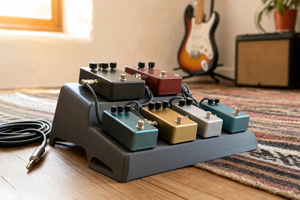 Pedales de efectos de guitarra montados en dos filas sobre una rampa elevadora impresa en 3D en plástico gris grafito mate, en el piso de madera de un cuarto de ensayo.