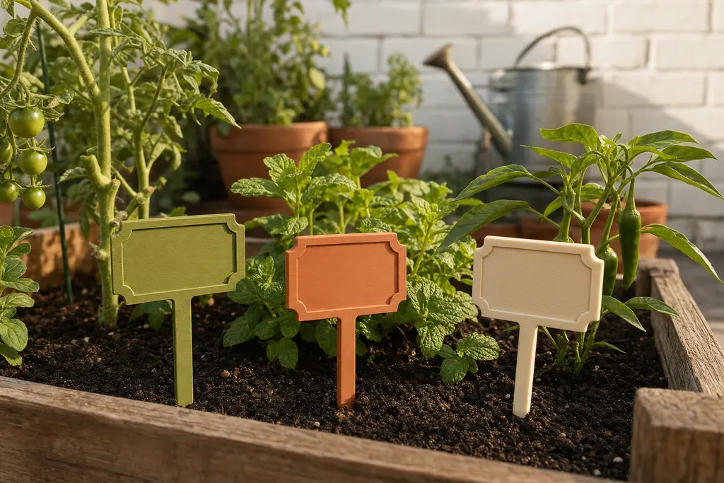 Tres etiquetas para plantas impresas en 3D —verde olivo, terracota y hueso— clavadas en la tierra de una cama de cultivo, entre jitomate, hierbabuena y chile serrano, en una azotea mexicana.