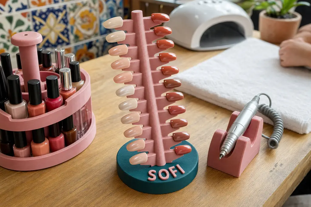Exhibidor de uñas impreso en 3D en rosa con base verde y el nombre SOFI en relieve, sosteniendo veinte tips pintados, junto a un carrusel de esmaltes y un descanso para el torno sobre una mesa de manicura.