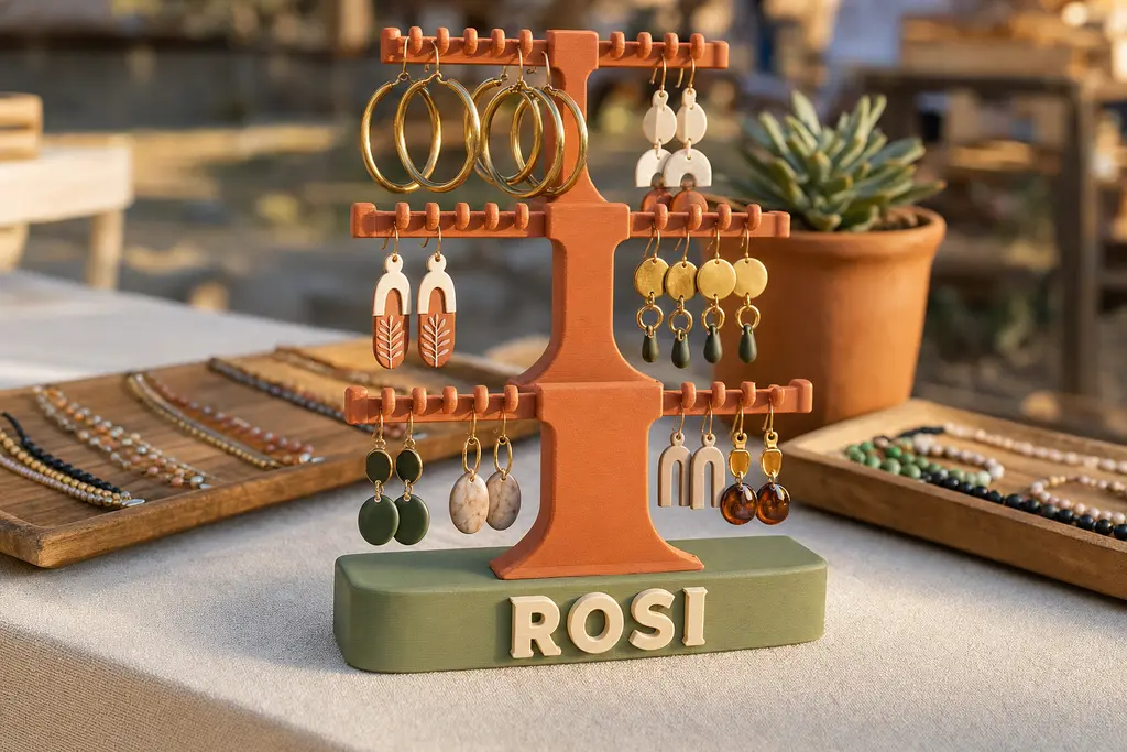 Exhibidor de aretes impreso en 3D en terracota con base verde salvia y el nombre ROSI en relieve, con tres barras de ganchos sosteniendo arracadas de latón y aretes de arcilla, sobre la mesa de un bazar artesanal.
