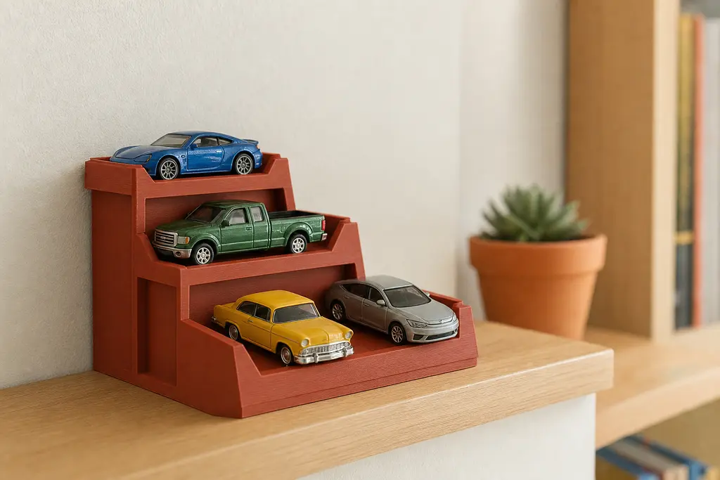 Exhibidor modular impreso en 3D en color rojo óxido, con tres niveles escalonados y cunas inclinadas, sosteniendo cuatro autos a escala 1:64 sobre una repisa de madera clara.