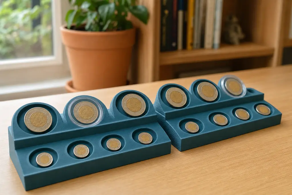 Dos módulos de charola exhibidora impresa en 3D en azul petróleo, unidos en línea sobre un escritorio de madera, con asientos de distintos diámetros que sostienen monedas bicolor, algunas dentro de cápsulas transparentes