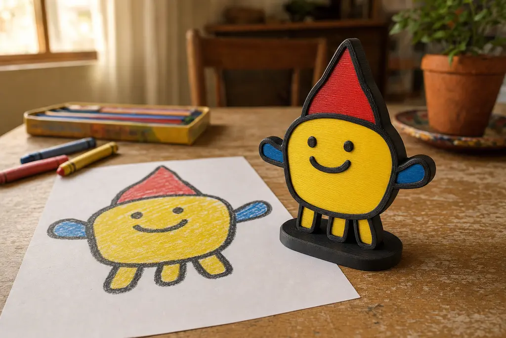Dibujo a crayón de un monstruo amarillo con gorro rojo sobre una mesa de madera, y junto a él la misma figura impresa en 3D en cuatro colores sólidos, con líneas de capa visibles y base integrada.