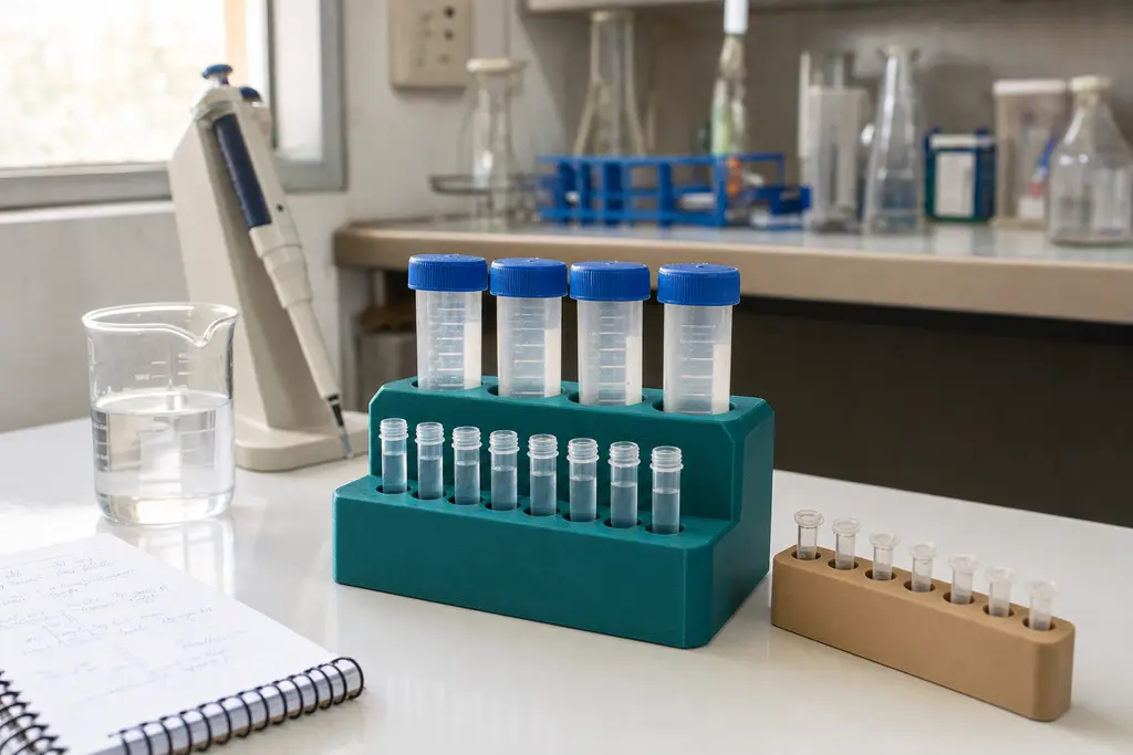 Gradilla impresa en 3D color verde azulado con tubos Falcon de 50 ml y tubos de 15 ml, junto a una gradilla color arena con microtubos, sobre el banco de un laboratorio