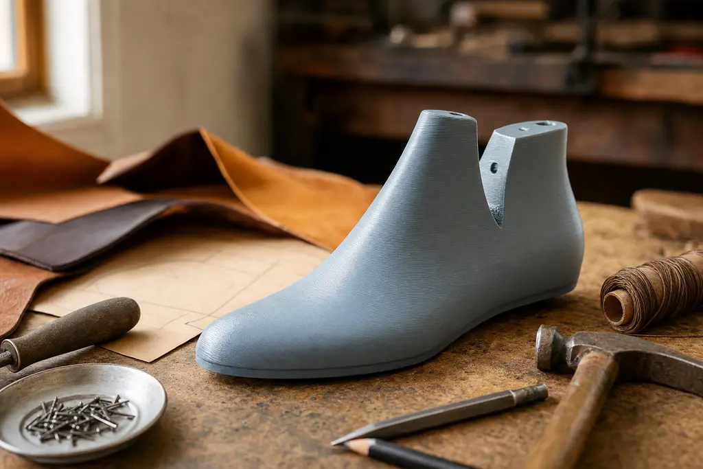Horma de zapato impresa en 3D, con las líneas de capa visibles, sobre la mesa de un taller de calzado junto a cortes de piel y herramientas de zapatero.