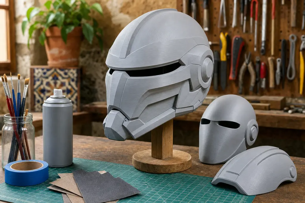 Casco de cosplay de diseño original recién impreso en 3D en PLA gris mate, con las líneas de capa a la vista, sobre una mesa de taller junto a una máscara lisa, una placa de hombrera, lijas, un bote de primer en aerosol y pinceles.