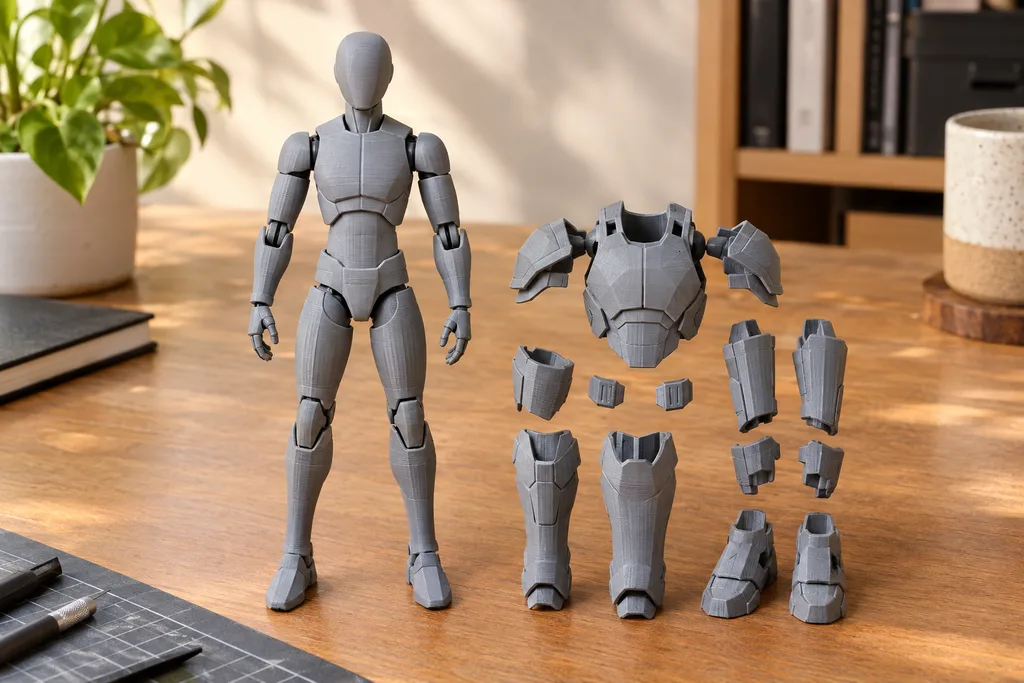 Imagen ilustrativa: Figura humanoide articulada gris con componentes separados.