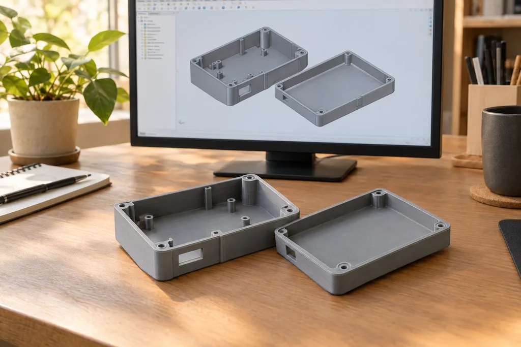 Imagen ilustrativa: Carcasa gris de dos piezas junto a su modelo CAD.