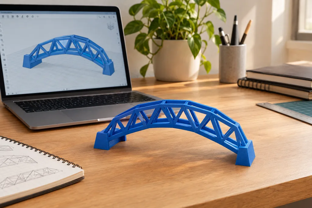 Imagen ilustrativa: Puente impreso azul junto al mismo diseño en pantalla.