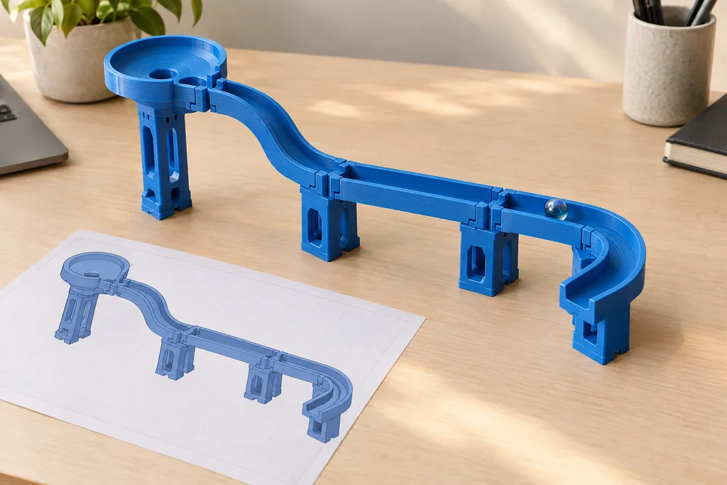 Imagen ilustrativa: Pista modular de canicas azul con soportes impresos.