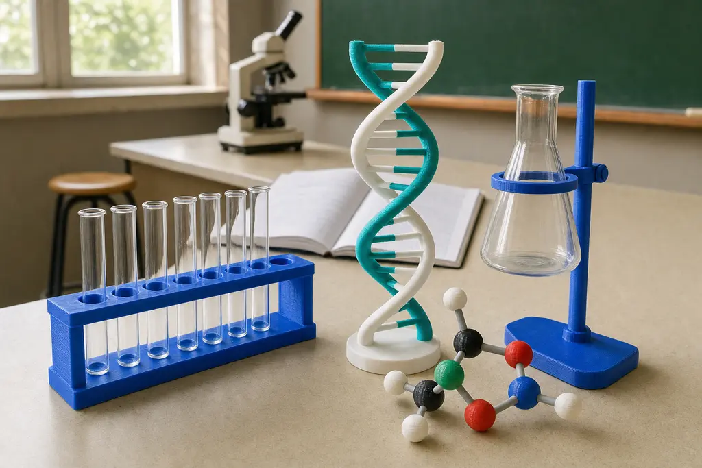Mesa de laboratorio escolar con una gradilla impresa en 3D azul con tubos de ensayo, un modelo de ADN de dos colores, un modelo molecular y un soporte para matraz, todos impresos en plástico