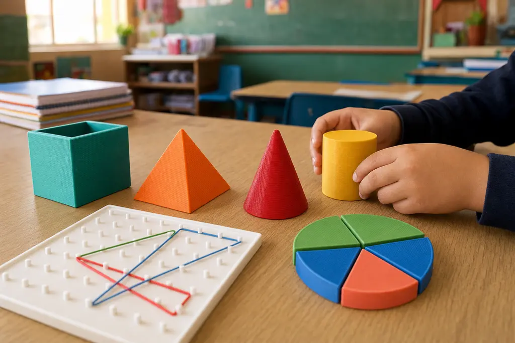 Sólidos geométricos, geoplano y círculo de fracciones impresos en 3D sobre la mesa de un salón de primaria, con las manos de un niño tomando el cilindro amarillo.