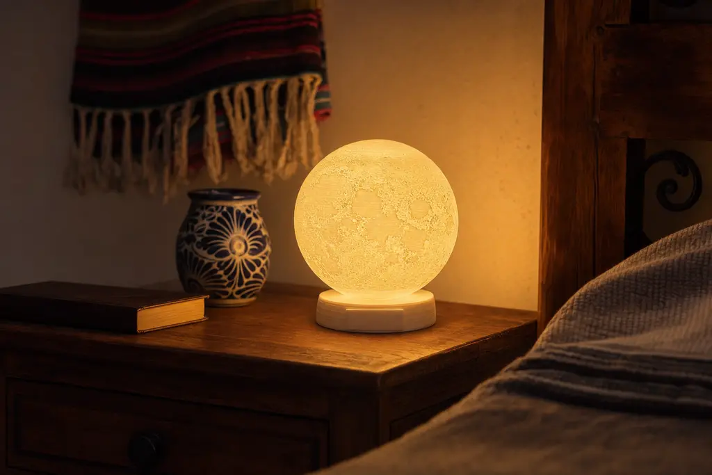 Lámpara de luna impresa en 3D encendida sobre un buró de madera, con las líneas de capa visibles en la esfera blanca y un jarrón de talavera al fondo.