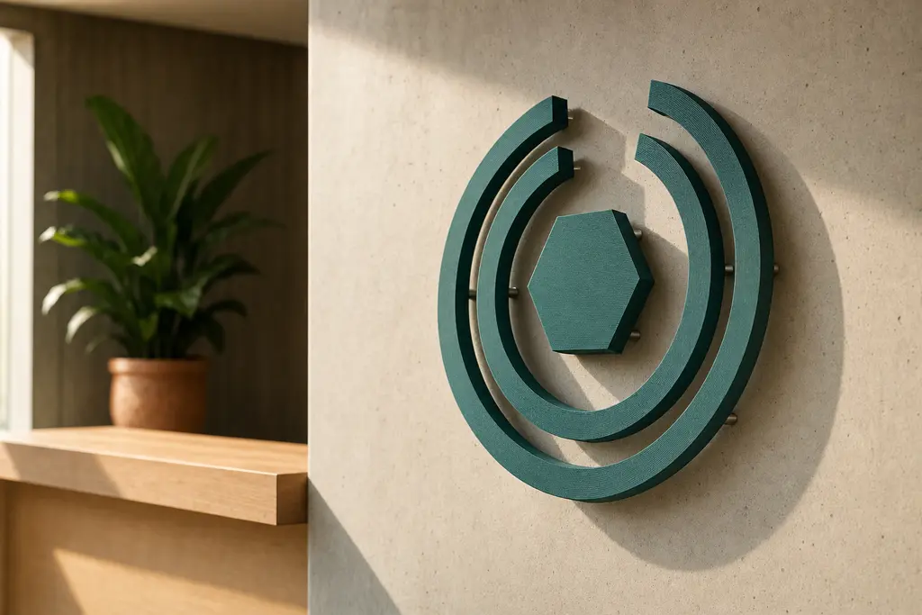 Emblema corporativo impreso en 3D en verde petróleo, montado con separadores sobre un muro de concreto en la recepción de una oficina, con la sombra marcando el espesor del relieve.