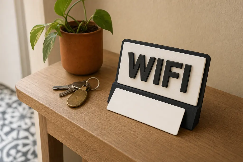Letrero de wifi impreso en 3D sobre la consola de entrada de un departamento en la colonia Roma: peana negra con la placa blanca y la palabra WIFI en alto relieve, y una segunda placa lisa de repuesto recargada al frente, junto a unas llaves y una maceta de barro.