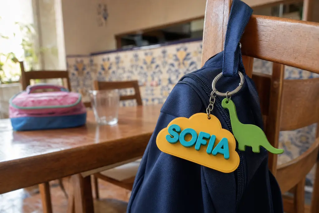 Mochila escolar azul colgada de una silla, con una placa impresa en 3D en forma de nube amarilla que dice SOFIA en relieve turquesa y un dinosaurio verde en la misma argolla.