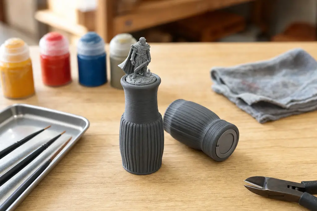 Mango cilíndrico impreso en 3D en gris grafito, con estrías de agarre y líneas de capa visibles, sosteniendo una miniatura sin pintar sobre un escritorio de pintura con pinceles y frascos de pintura acrílica.