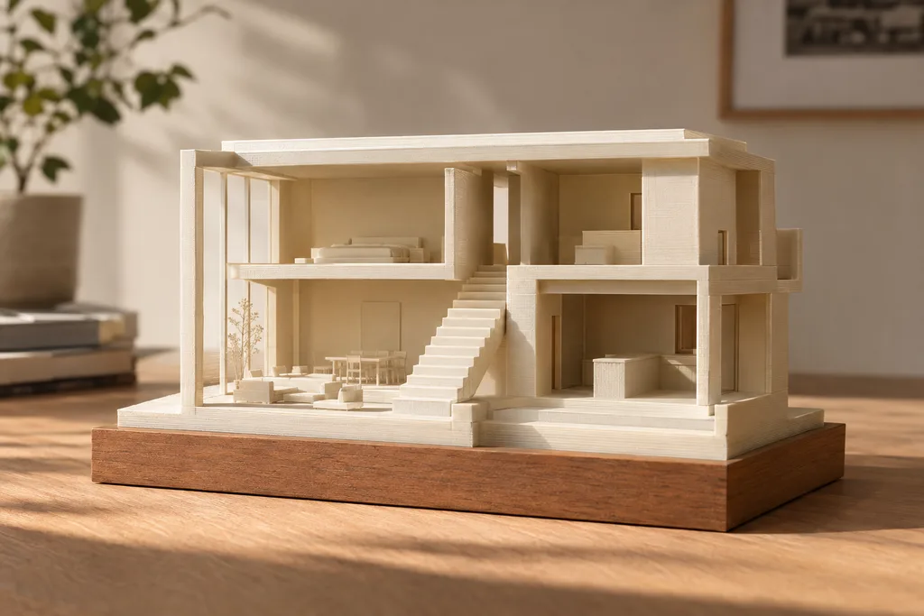 Ejemplo ilustrativo de maqueta de corte arquitectónico, representado como maqueta impresa en 3D.