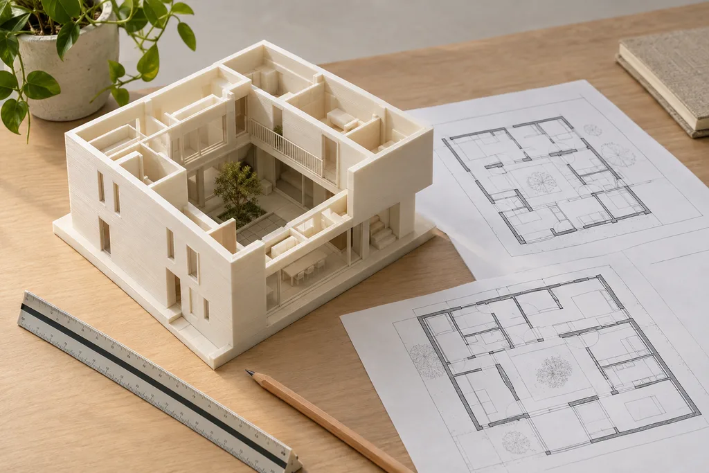 Ejemplo ilustrativo de maqueta a partir de planos arquitectónicos, representado como maqueta impresa en 3D.