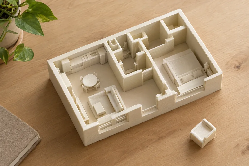 Ejemplo ilustrativo de maqueta de diseño de interiores, representado como maqueta impresa en 3D.