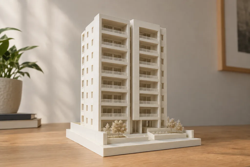 Ejemplo ilustrativo de maqueta de edificio de departamentos, representado como maqueta impresa en 3D.
