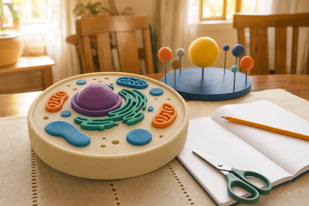 Maqueta de célula animal impresa en 3D con los organelos en relieve y en colores distintos, sobre la mesa del comedor junto a una maqueta impresa del sistema solar y un cuaderno escolar abierto