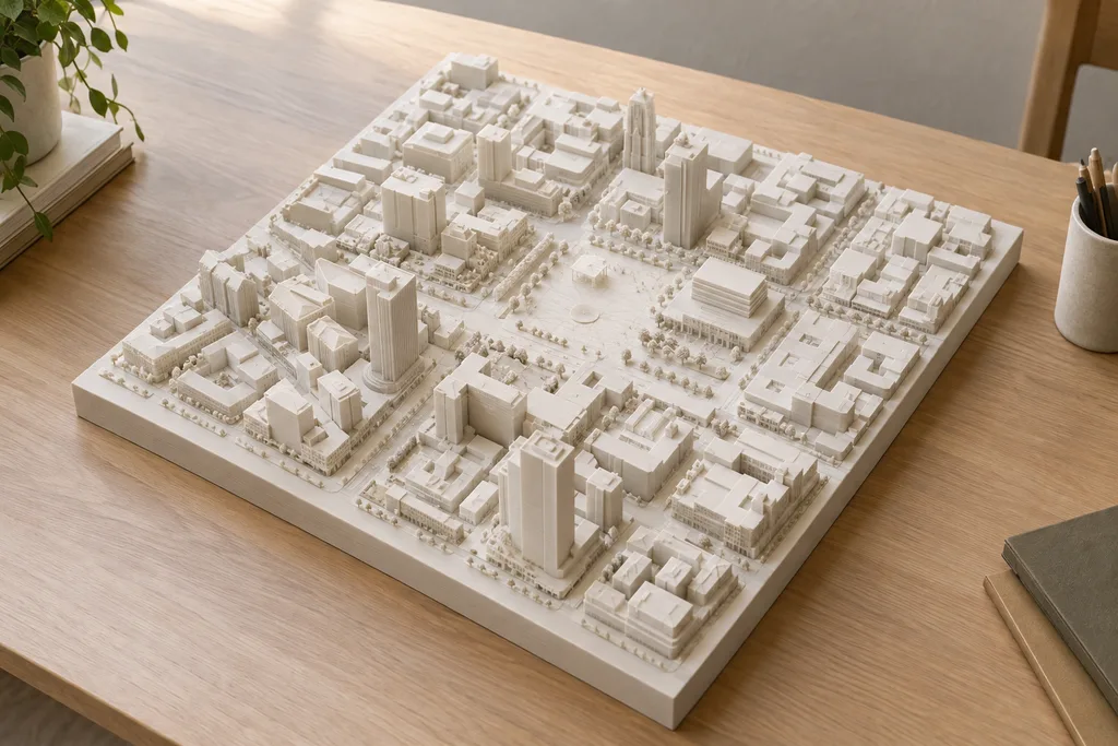 Ejemplo ilustrativo de maqueta de plan maestro urbano, representado como maqueta impresa en 3D.