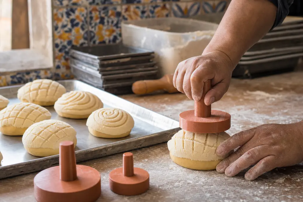 Manos presionando un marcador de conchas impreso en 3D color terracota, con líneas de capa visibles, sobre una concha cruda; al lado, marcadores de otros dos diámetros y una charola con conchas ya rayadas de cuadros y de caracol.