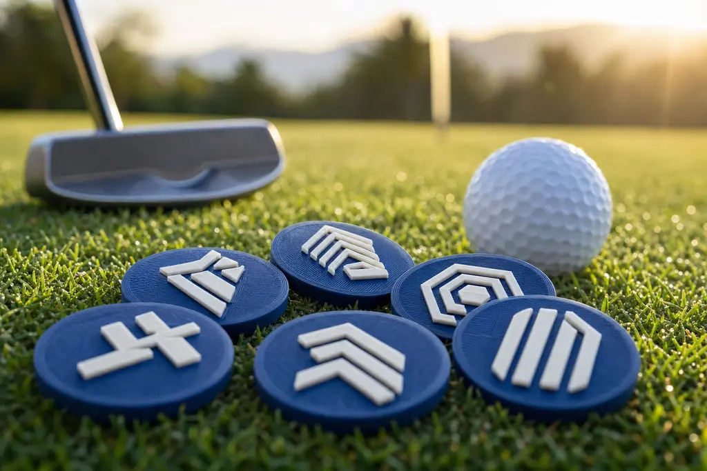 Seis marcadores de pelota de golf impresos en 3D en azul marino, cada uno con un emblema distinto en relieve blanco, sobre el pasto del green junto a una pelota de golf y un putter