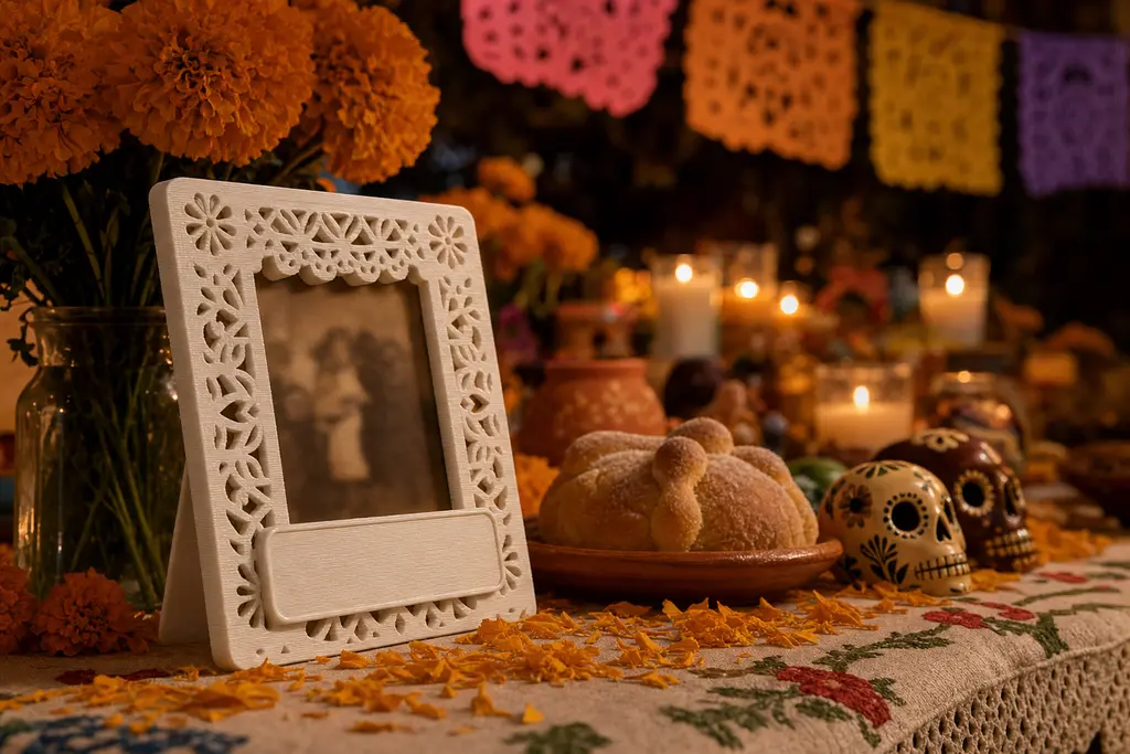 Marco impreso en 3D en color hueso, con calado tipo papel picado y una cartela lisa para el nombre, parado sobre una ofrenda de Día de Muertos con cempasúchil, pan de muerto y veladoras al fondo.