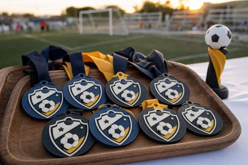 Charola con medallas impresas en 3D que llevan el escudo de un equipo en alto relieve a varios colores, junto a un trofeo, al borde de una cancha de futbol llanero al atardecer