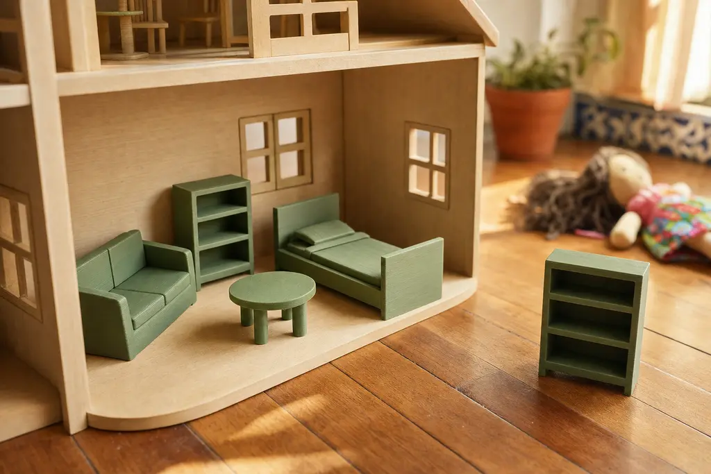 Casa de muñecas de madera clara abierta de frente, con un sillón, un librero, una mesita redonda y una cama en miniatura impresos en 3D en verde salvia mate, con líneas de capa visibles; otro librero impreso está en la duela junto a una muñeca de trapo, con una maceta de barro y azulejo de talavera al fondo.
