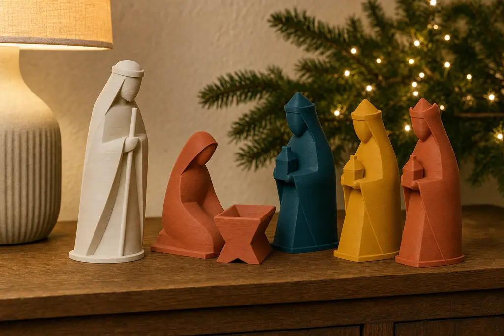 Nacimiento navideño moderno impreso en 3D sobre una cómoda de madera: seis figuras geométricas sin rostro en blanco hueso, terracota, azul petróleo y amarillo mostaza, con el pesebre todavía vacío, junto a una rama de pino con luces cálidas.