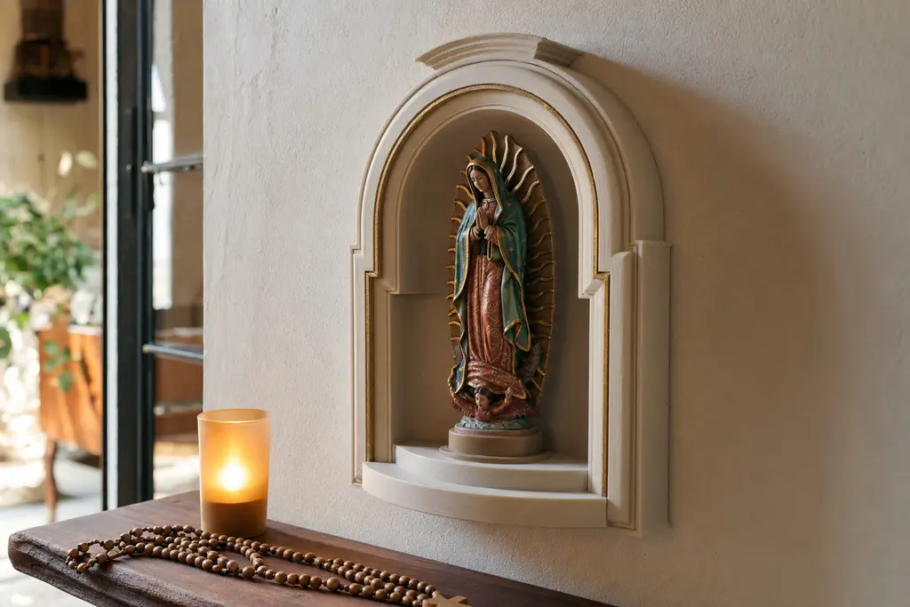 Nicho de pared impreso en 3D, color hueso con filete dorado, con una imagen de la Virgen de Guadalupe adentro y una veladora de LED en la repisa de madera