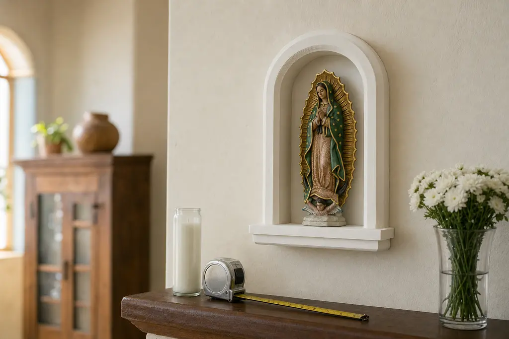Nicho impreso en 3D en blanco hueso montado en una pared crema, con una imagen de la Virgen de Guadalupe ajustada al hueco, una veladora y un flexómetro sobre la repisa de abajo.