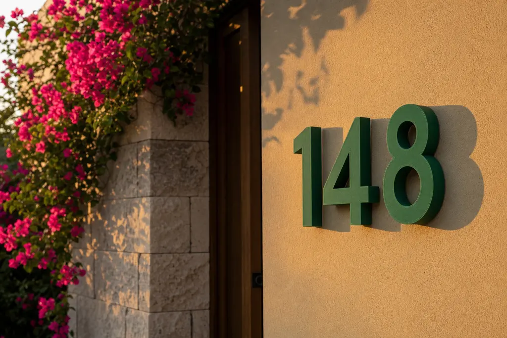 Número de casa 148 impreso en 3D en verde jade, montado flotante sobre el muro color arena de una fachada mexicana, proyectando sombra al atardecer junto a una buganvilia.