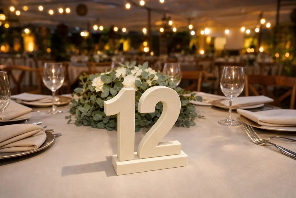 Número de mesa 12 impreso en 3D en color hueso mate, parado sobre su propia base en una mesa de banquete de boda con mantel hueso, copas y un centro de flores blancas y eucalipto.