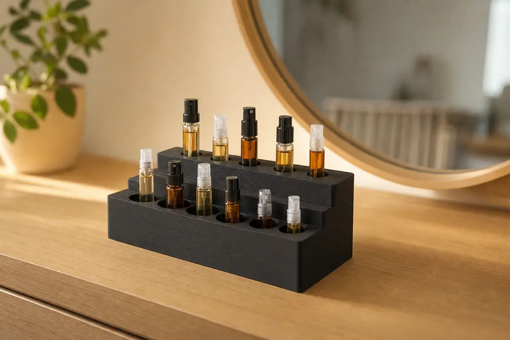 Organizador escalonado impreso en 3D en color negro mate sobre un tocador de madera, con cavidades de distintos diámetros y un decant de perfume encajado en cada una.