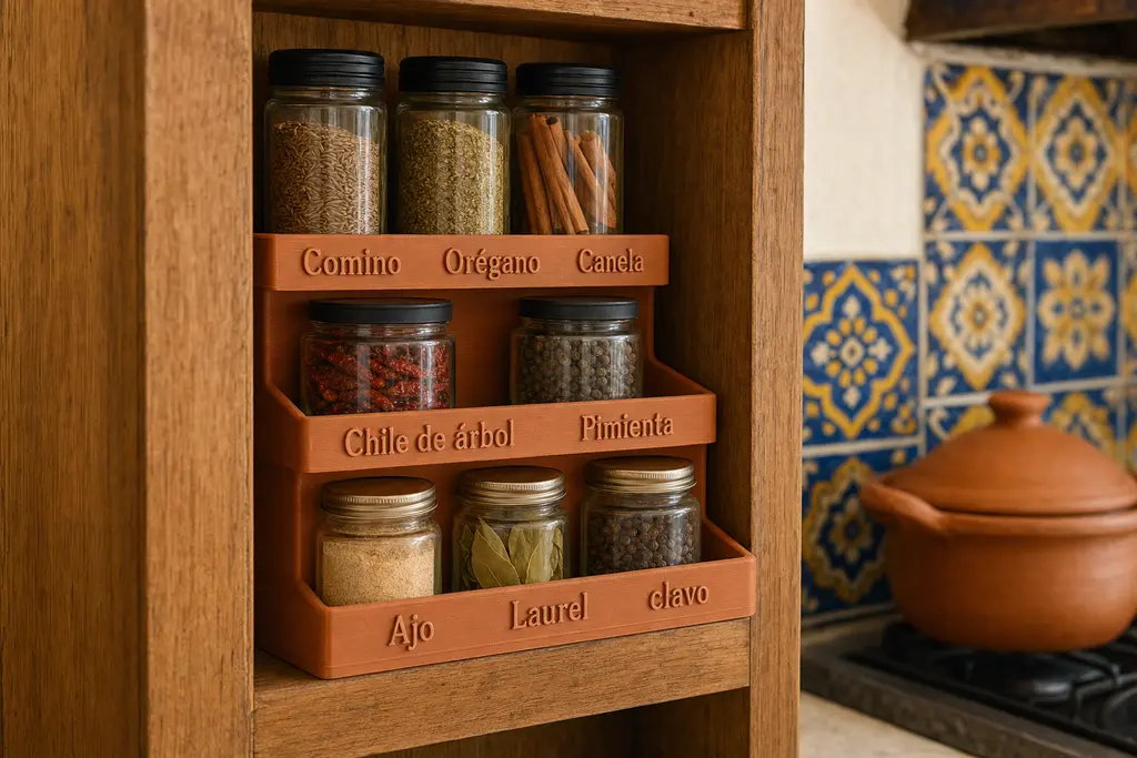 Alacena de madera abierta con un organizador de especias escalonado impreso en 3D color terracota, hecho a la medida de la repisa, con frascos de vidrio de distintos tamaños y el nombre de cada especia en relieve; al fondo, azulejo de talavera y una olla de barro.